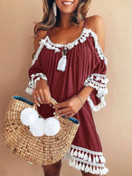 Boho Summer Dress Fringe Cold Shoulder Sundress Casual Mini Dress