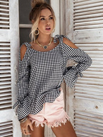 Black Women's Blouses Round Neck Cold Shoulder Long Sleeve Plaid Cut Out Summer Top