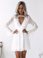 White Skater Dress Long Sleeve V Neck Cut Out Polka Dot Summer Dress