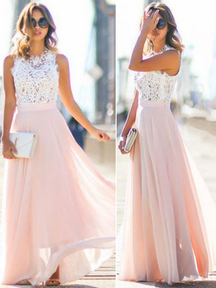 Chiffon Maxi Dress Two Tone Round Neck Sleeveless Pleated Long Dress For Women
