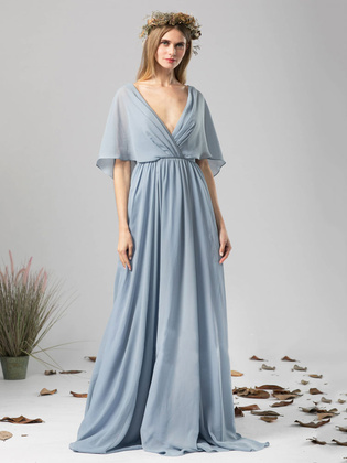 Blue Maxi Dress Plunge Neck Ball Dress Half Sleeve Low Back Chiffon Fall Dress