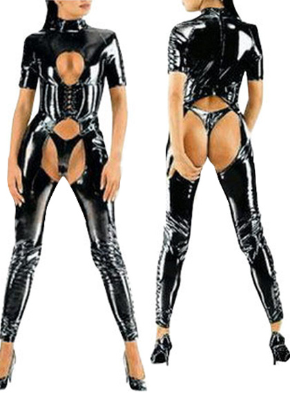Milanoo Sexy Catsuit Cut Out Shiny Black Crotchless PVC Bodysuit For Women&...