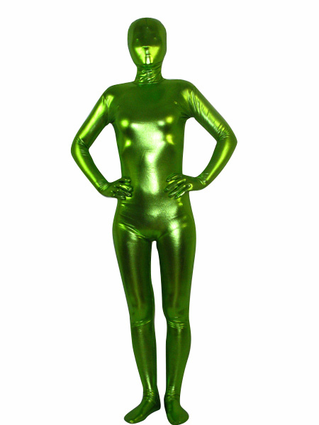 Image of Shiny Metallic Zentai Suit Halloween Spring Green Full Bodysuit Costume Halloween