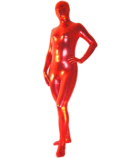 Image of Carnevale Zentai metallizzato collant per adulti completo rosso tinta unito in gomma metallizzata tuta unisex Halloween