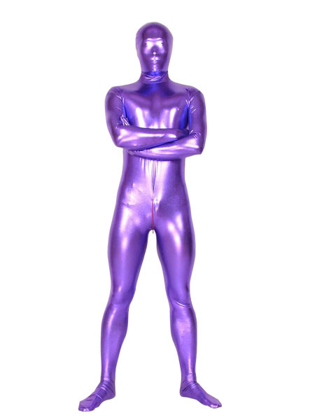 Milanoo Morph Suit Purple Shiny Metallic Fabric Zentai Suit Unisex Full Body Suit
