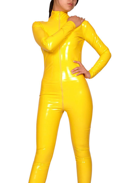 Milanoo Yellow Long Sleeves PVC Shiny Metallic Fabric Catsuit Front Zipper Unisex Body Suit