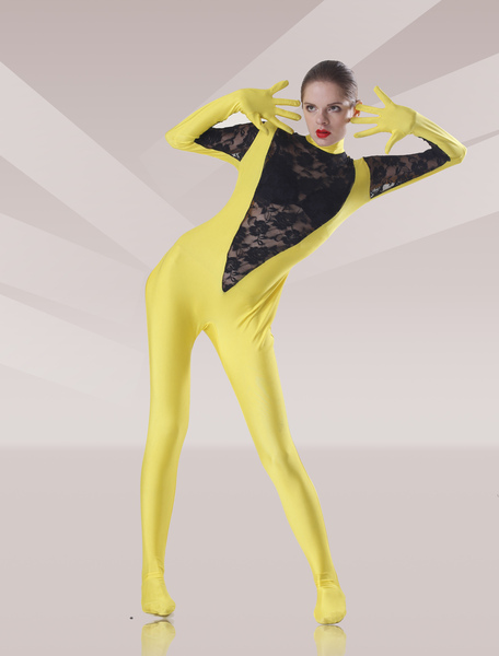 costume de zentai jaune avec dentelle en lycra spandex collant déguisements halloween