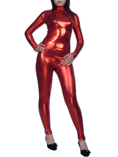 Image of Carnevale Abbigliamento metallizzato per adulti tinta unita rossa tuta con calzamaglia senza guanti in gomma per donne Halloween