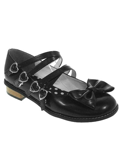 Milanoo Sweet Black Lolita Low Heels Shoes Heart Shape Straps Buckles Bow