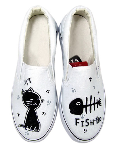 

Unique White Cat And Fish Canvas TPR Sole Womens Painted Shoes