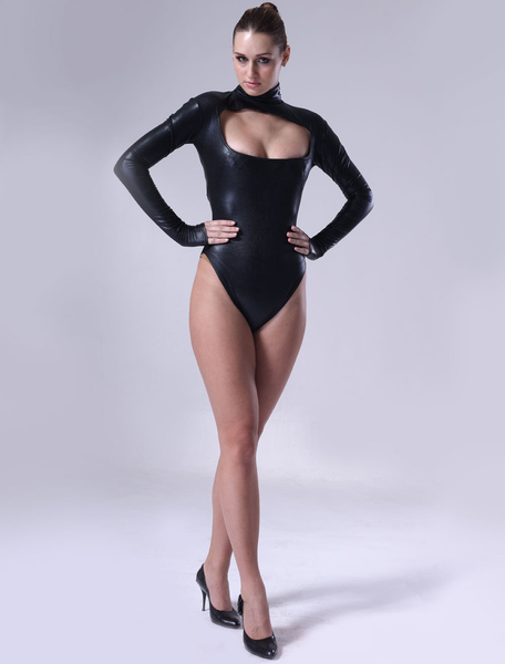 Milanoo Sexy Black Bodysuit Shiny Metallic Fabric Leotard Hallow Bust Style