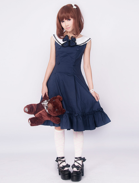 Image of Navy Blue Lolita Jumper Skirt College School Style Ruffles Bow