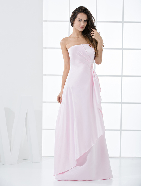 Milanoo Pink Strapless Satin Floor Length Bridesmaid Dress