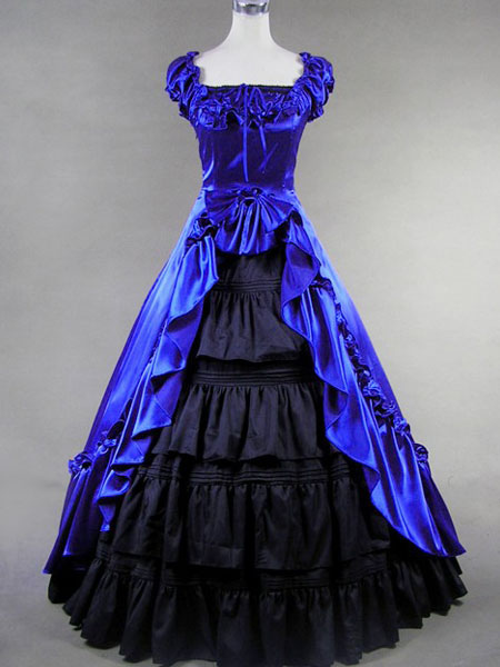 Milanoo Victorian Dress Costume Blue Satin Ruffle For Women's Short Sleeves Ball Gown Victorian era