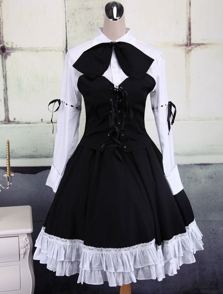 Milanoo Cotton White And Black Long Sleeves Punk Lolita Blouse And Skirt