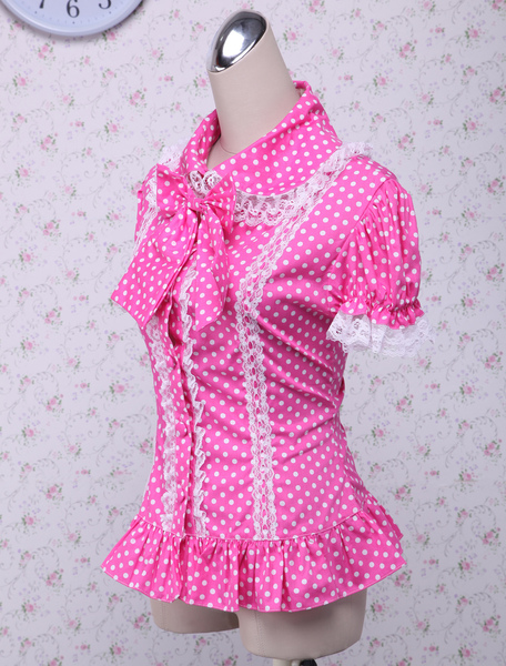 Milanoo Pink Lolita Blouse White Dots Short Sleeves Lace Trim Bow от Milanoo WW