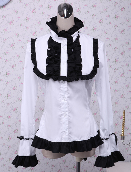 Image of Bianco cotone Lolita camicetta maniche lunghe nero volant Stand collare