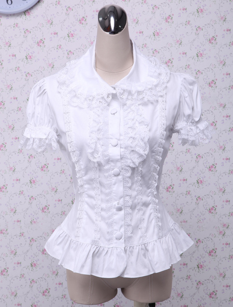 Milanoo Sweet White Cotton Lolita Blouse Short Sleeves Layered Lace Trim Turn-down Collar