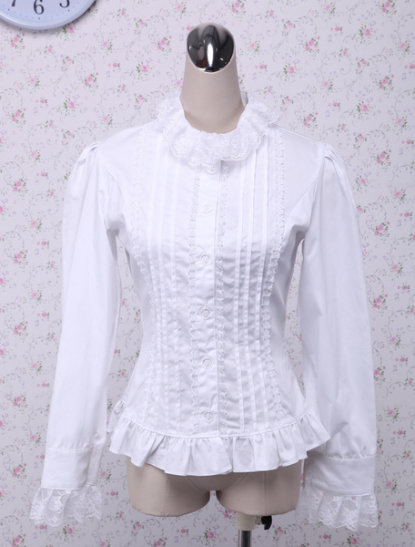 Milanoo White Lace Long Sleeves Lolita Cotton Blouse