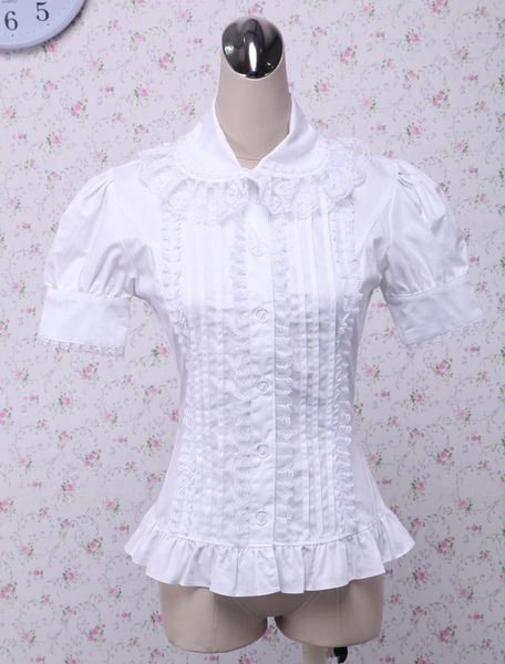 Milanoo White Cotton Lolita Blouse Short Sleeves Layered Lace Trim Ruffles