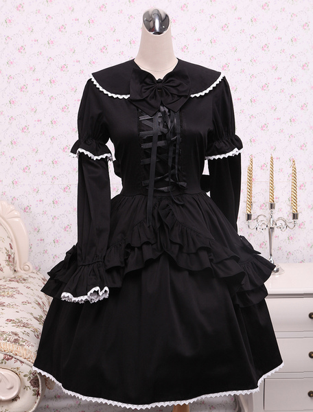 Milanoo Cotton Black Loltia OP Dress Long Sleeves Lace Up Layered Ruffles Bow