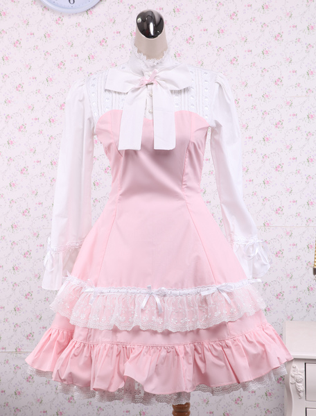 Image of Cotone rosa e bianco Lolita Dress Lace Classic