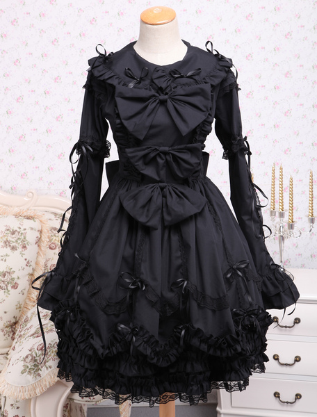 Image of Elegante cotone nero Gothic Lolita OP vestito maniche lunghe pizzo Trim archi volant