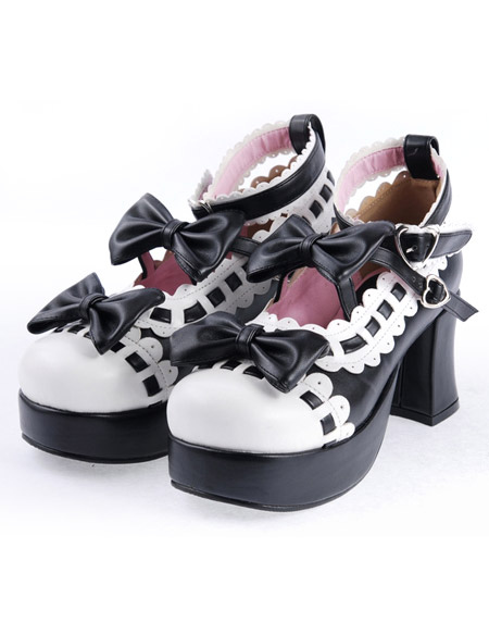Image of Black White Lolita Chunky Heels Shoes Platform White Trim Bows Ankle Strap