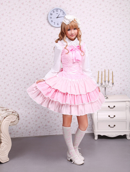 Image of Pizzo rosa legami frontale Bow Sweet Lolita Dress cotone