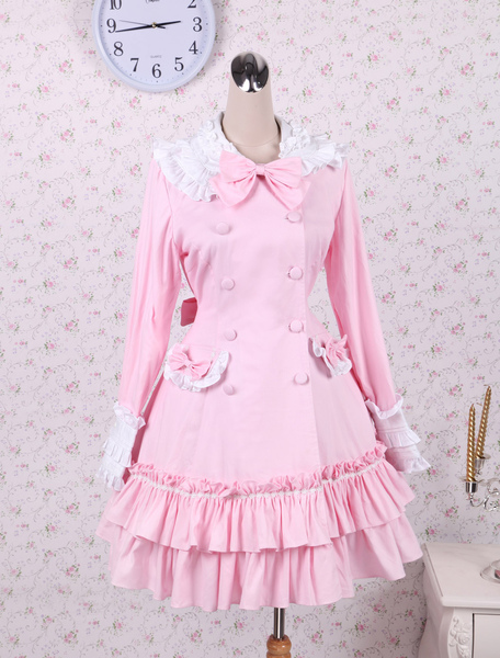 Süßes Lolita Kleid aus Baumwolle mit Schleife und Rüschen in Rosa от Milanoo WW