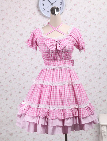 Süßes Lolita Kleid mit Spitze und kurzen Ärmeln in Rosa от Milanoo WW