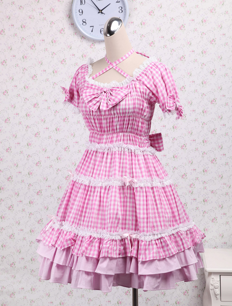 Süßes Lolita Kleid mit Spitze und kurzen Ärmeln in Rosa от Milanoo WW