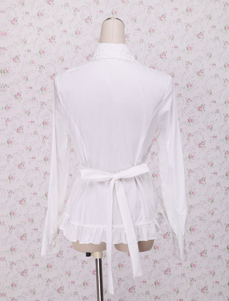 Milanoo White Cotton Lolita Blouse Long Sleeves Waist Belt Ruffles Trim от Milanoo WW