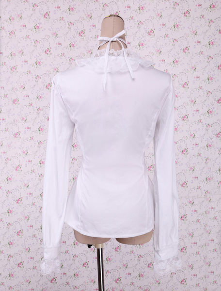 Cotton Lolita Bluse mit langen Ärmeln Spitze-Ordnungs-Genick schnallen in Weiß от Milanoo WW