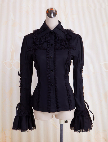 

Milanoo Black Cotton Lolita Blouse Long Hime Sleeves Lace Up Lace Trim Turn-down Collar