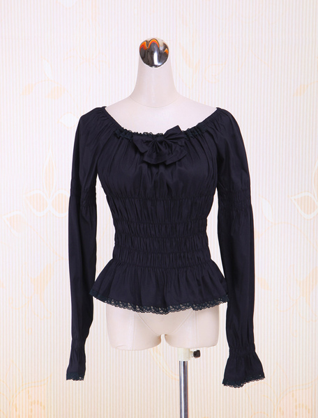Image of Cotone nero Lolita camicetta maniche lunghe Shirring Lace Trim Bow collo tondo
