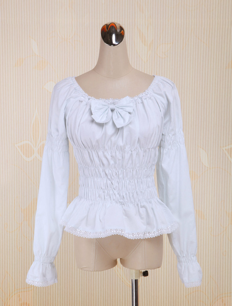 Image of Bianco cotone Lolita camicetta maniche lunghe Shirring arco Piazza collo