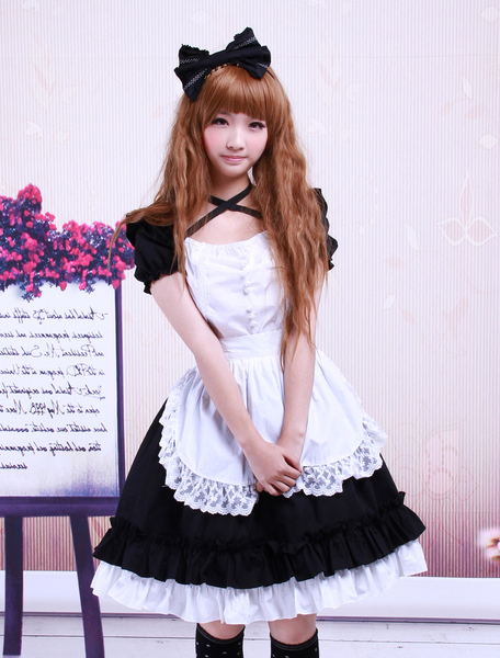 Milanoo Sweet Black Cotton Maid Lolita One-piece White Apron Short Sleeves Lace Trim