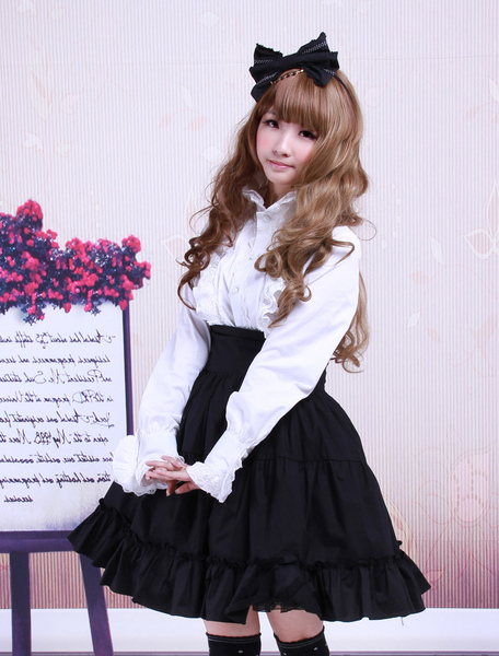 Milanoo Gothic Lolita Dress SK Black High Waist Ruffles Cotton Lolita Skirt