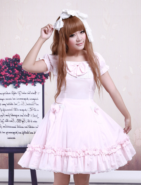 Image of Cotton Pink Lace Maniche corte Lolita Dress Cosplay