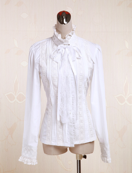 Milanoo White Cotton Lolita Blouse Long Sleeves Stand Collar Lace Trim Lace Up