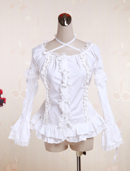 

Milanoo White Cotton Lolita Blouse Long Hime Sleeves Neck Straps Lace Trim Ruffles