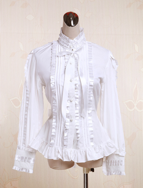 Image of Bianco cotone Lolita camicetta maniche lunghe stanno Colalr pizzo fiocco livelli volant
