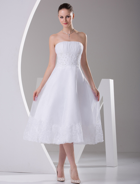 Milanoo  A-Linie-Brautkleid aus Satingewebe und trägerlosem Design und Pailletten wadenlang und Weiß