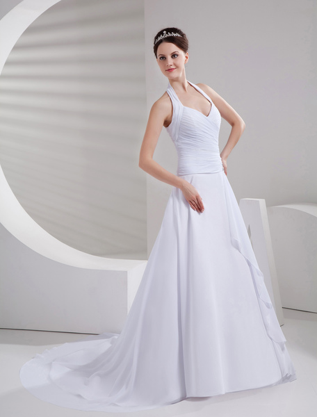 Elegantes A-Linie Brautkleid aus Chiffon mit Halter und Herz-Aisschnitt in Weiß от Milanoo WW