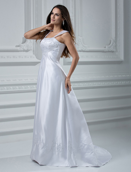 Milanoo Robe de mariée fabuleuse A-ligne en satin blanc avec perles col carré à traîne