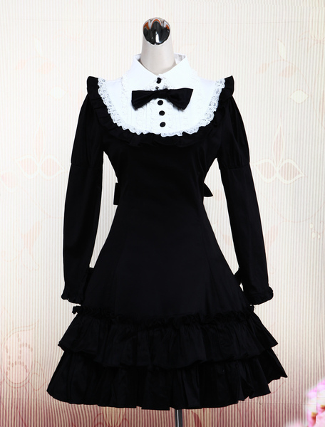 Milanoo Cotton Black Long Sleeves Ruffle Classic Lolita Dress