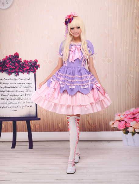 Milanoo Sweet Purple Pink Lolita OP Dress Short Sleeves Layers Bows and Trim