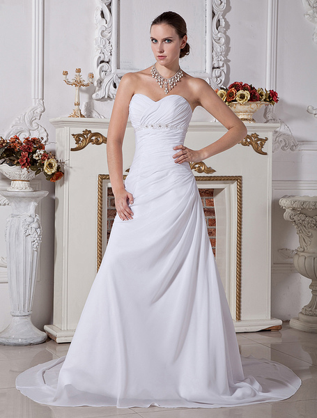 Milanoo  A-Linie-Brautkleid aus mit Herz-Ausschnitt und Perlen-Applikation und Hof-Schleppe in Weiß