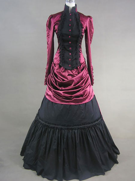 Milanoo Victorian Dress Costume Burgundy Satin Long Sleeves Women's High Collar Ruffle Ball Gown Vic